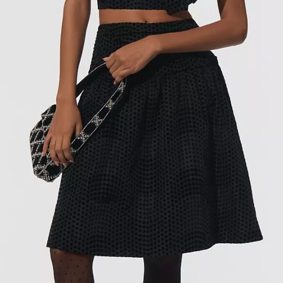 Maeve Taffeta Textured Velvet Polka Dot Skirt Black Size 10 Party Cocktail Skirt - Picture 3 of 14